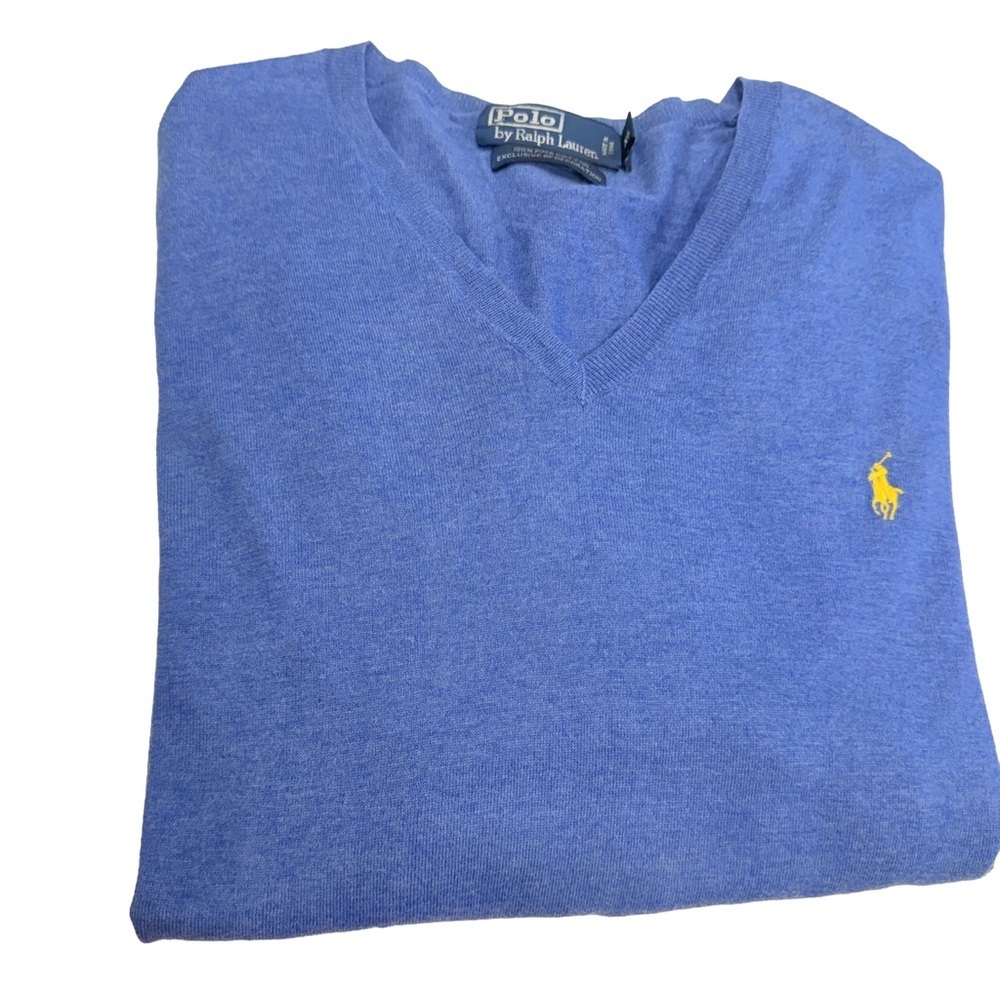 Polo Ralph Lauren Mens V-Neck Sweater Sz XL Blue Yellow Logo/100% Pima Cotton